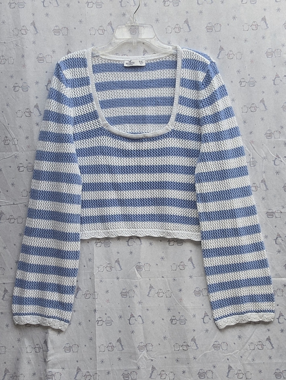 Hollister Blue and White Striped Open-Knit Top. XXL